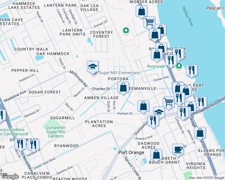 map of restaurants, bars, coffee shops, grocery stores, and more near 1002 Charles Street in Port Orange