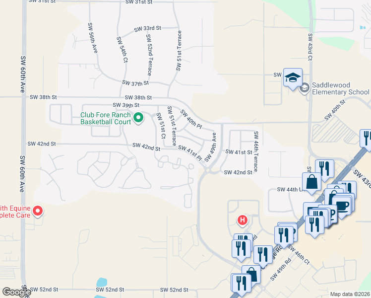 map of restaurants, bars, coffee shops, grocery stores, and more near Southwest 41st Place in Ocala