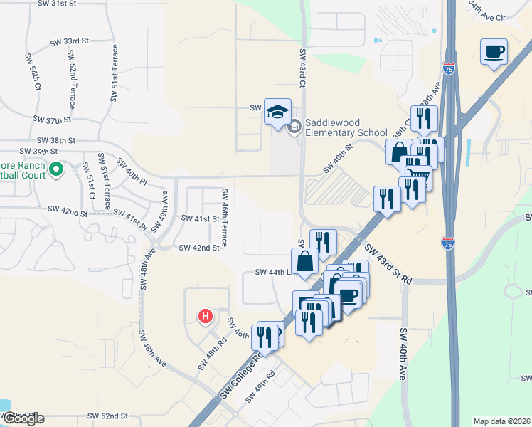 map of restaurants, bars, coffee shops, grocery stores, and more near 4535 Southwest 42nd Street in Ocala