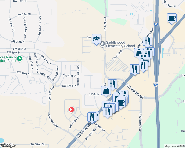 map of restaurants, bars, coffee shops, grocery stores, and more near 4535 Southwest 42nd Street in Ocala