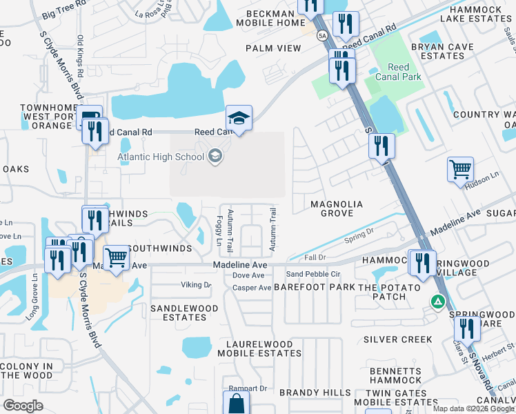 map of restaurants, bars, coffee shops, grocery stores, and more near 286-328 Autumn Trail in Port Orange