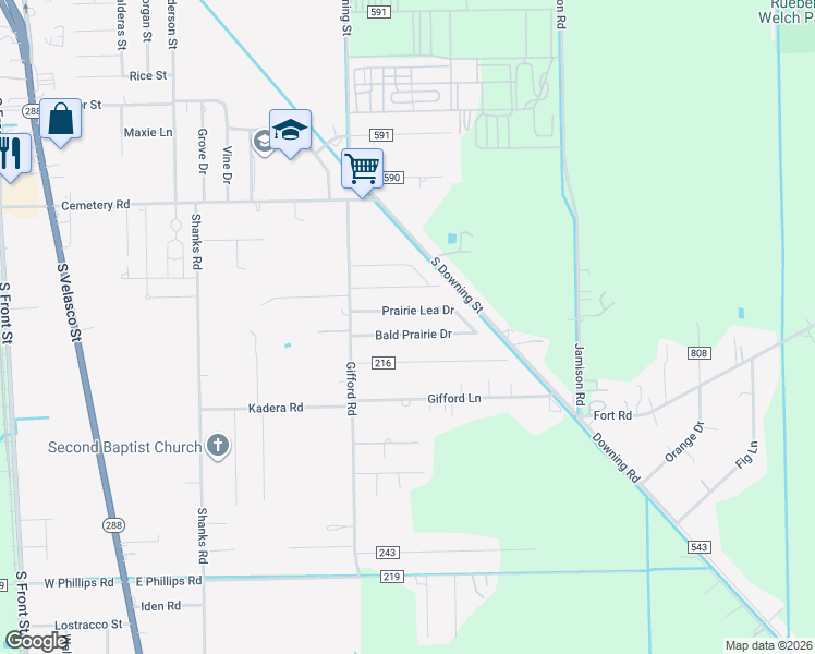map of restaurants, bars, coffee shops, grocery stores, and more near 144 Prairie Lea Drive in Angleton