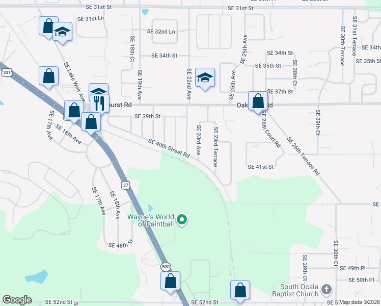 map of restaurants, bars, coffee shops, grocery stores, and more near 4124 Southeast 23rd Avenue in Ocala