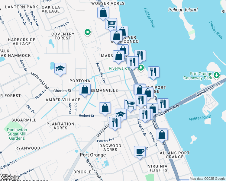 map of restaurants, bars, coffee shops, grocery stores, and more near 400 Charles Street in Port Orange