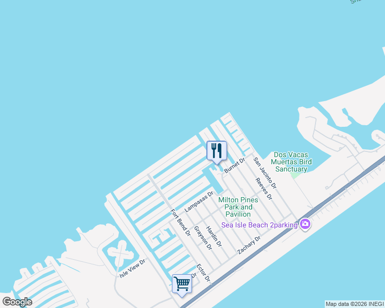 map of restaurants, bars, coffee shops, grocery stores, and more near 21720 Deaf Smith Drive in Galveston