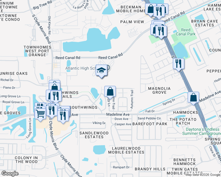 map of restaurants, bars, coffee shops, grocery stores, and more near 1109 Southland Court in Port Orange