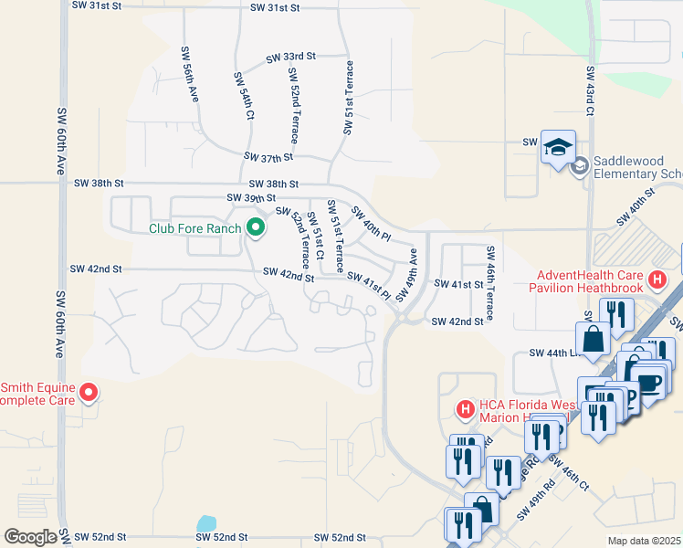 map of restaurants, bars, coffee shops, grocery stores, and more near Southwest 51st Terrace in Ocala