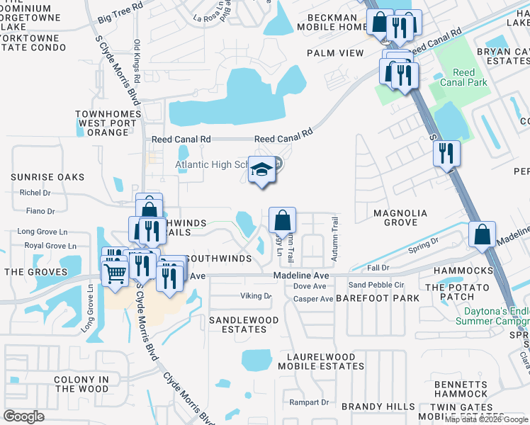 map of restaurants, bars, coffee shops, grocery stores, and more near 1103 Southland Court in Port Orange