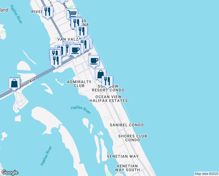 map of restaurants, bars, coffee shops, grocery stores, and more near 3647 South Atlantic Avenue in Daytona Beach