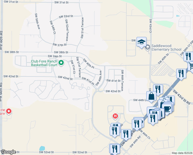 map of restaurants, bars, coffee shops, grocery stores, and more near 4093 Southwest 49th Terrace in Ocala
