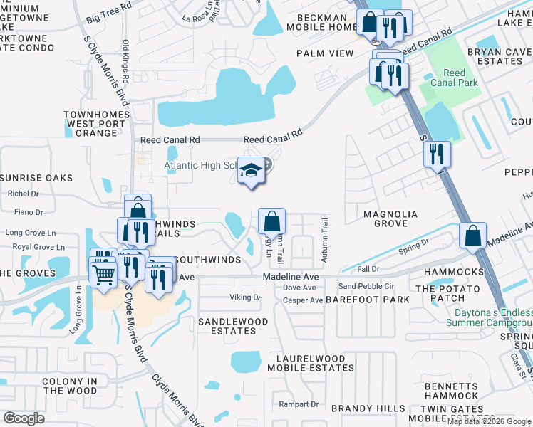 map of restaurants, bars, coffee shops, grocery stores, and more near 1109 Southland Court in Port Orange