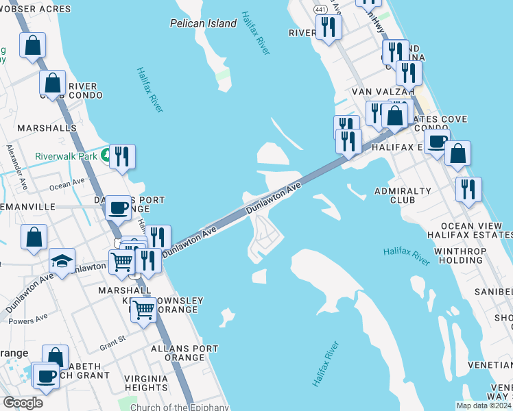 map of restaurants, bars, coffee shops, grocery stores, and more near 90 Dunlawton Avenue in Port Orange