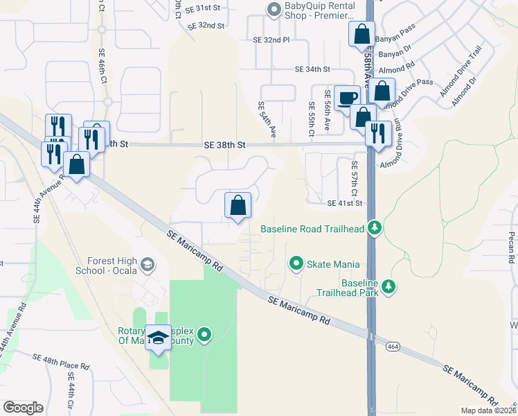 map of restaurants, bars, coffee shops, grocery stores, and more near 4125 Southeast 53rd Court in Ocala