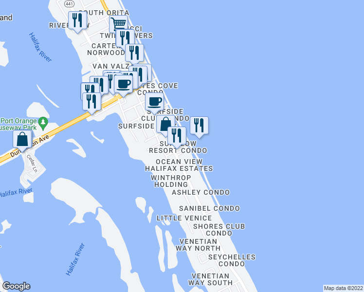 map of restaurants, bars, coffee shops, grocery stores, and more near 3647 South Atlantic Avenue in Daytona Beach Shores