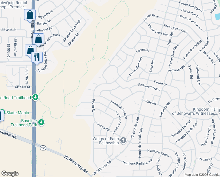 map of restaurants, bars, coffee shops, grocery stores, and more near 20 Hemlock Terrace Trail in Ocala