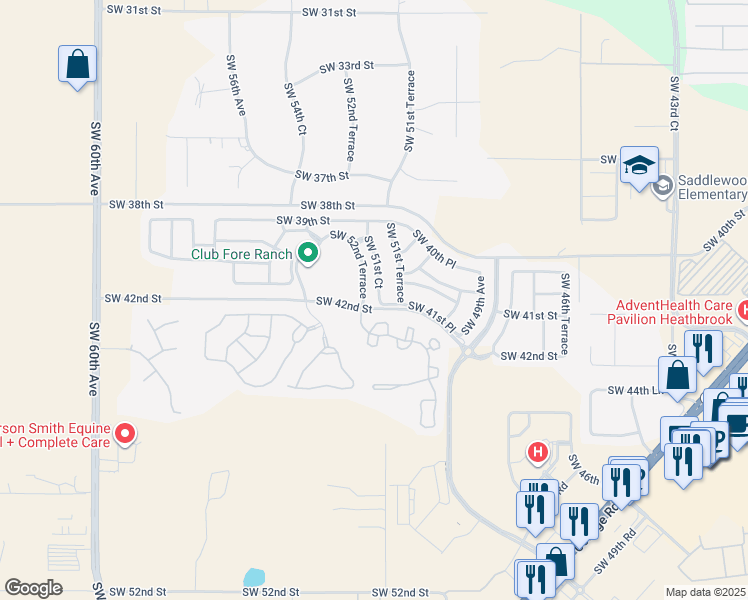 map of restaurants, bars, coffee shops, grocery stores, and more near 4142 Southwest 51st Court in Ocala