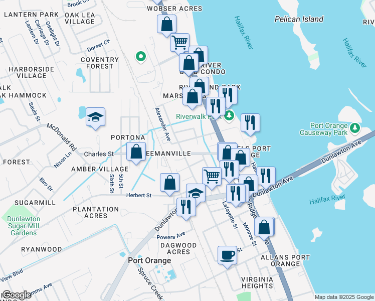map of restaurants, bars, coffee shops, grocery stores, and more near 313 Charles Street in Port Orange