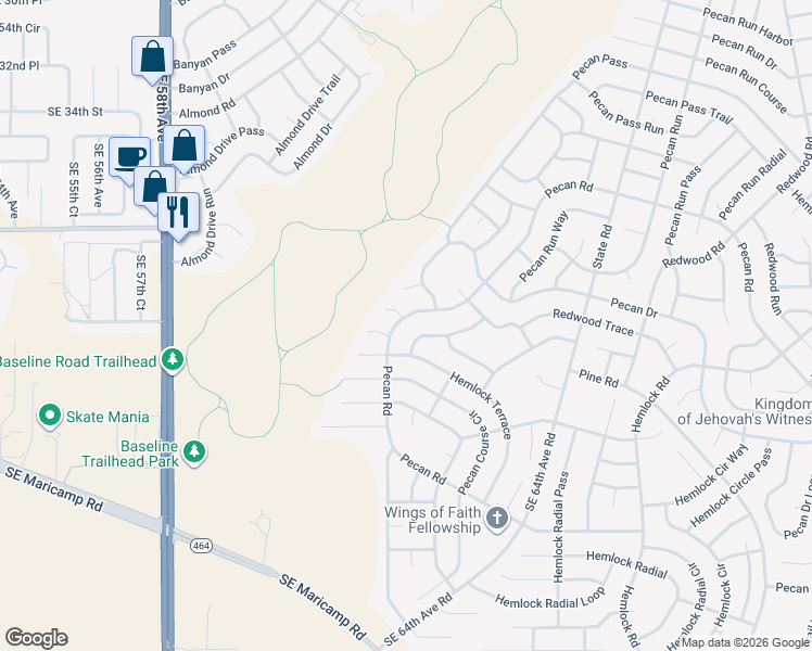 map of restaurants, bars, coffee shops, grocery stores, and more near 5841 Pecan Road in Ocala