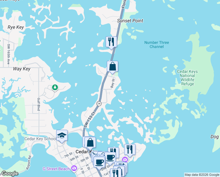 map of restaurants, bars, coffee shops, grocery stores, and more near 12333 Bay Street in Cedar Key