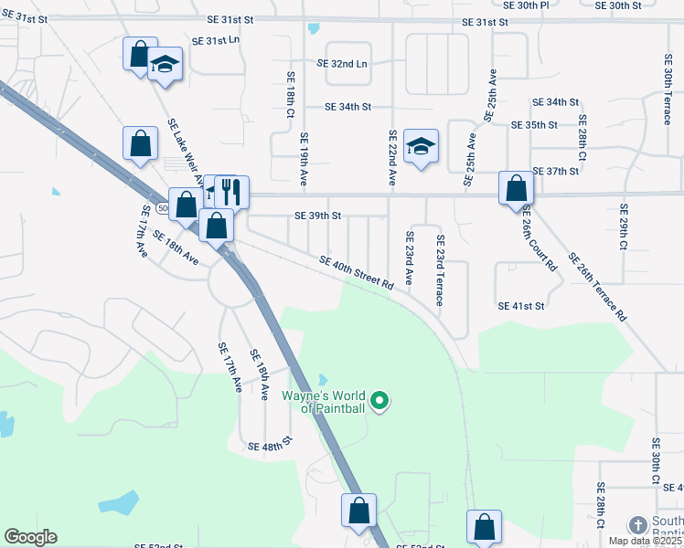 map of restaurants, bars, coffee shops, grocery stores, and more near 2010 Southeast 40th Street Road in Ocala