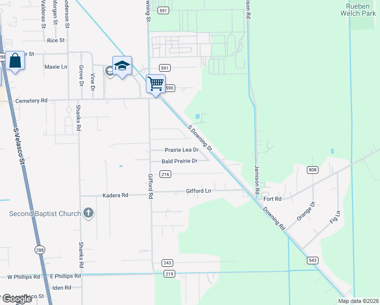 map of restaurants, bars, coffee shops, grocery stores, and more near 216 Prairie Lea Drive in Angleton