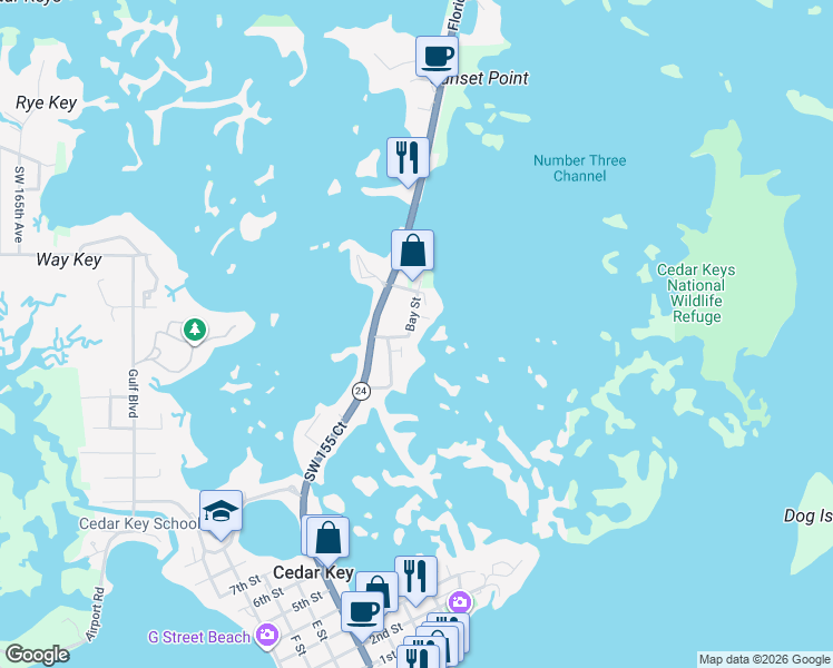 map of restaurants, bars, coffee shops, grocery stores, and more near 12333 Bay Street in Cedar Key
