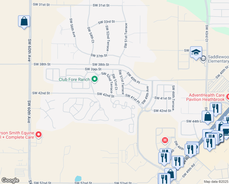 map of restaurants, bars, coffee shops, grocery stores, and more near 4142 Southwest 51st Court in Ocala