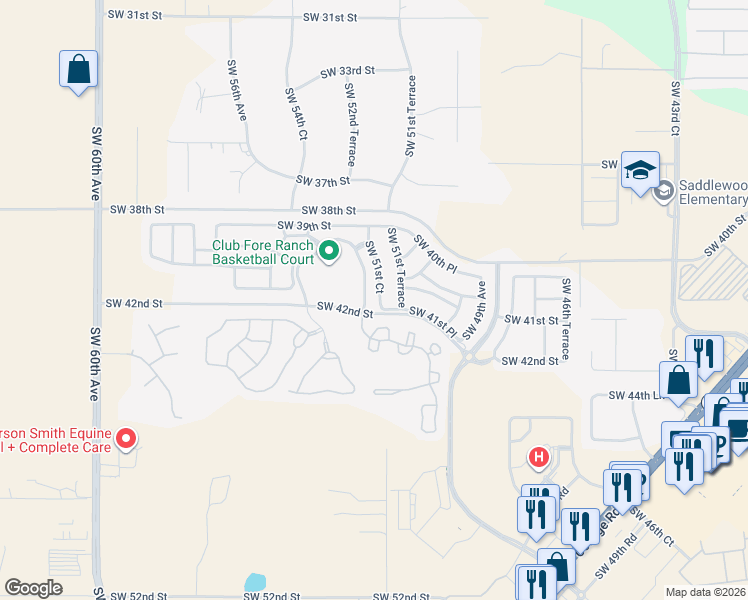 map of restaurants, bars, coffee shops, grocery stores, and more near 4142 Southwest 51st Court in Ocala
