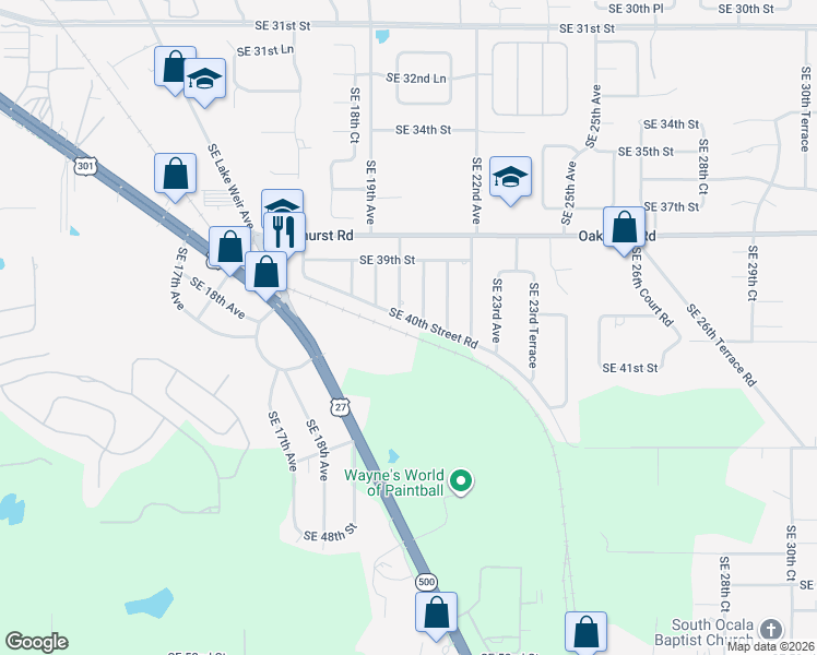 map of restaurants, bars, coffee shops, grocery stores, and more near 2010 Southeast 40th Street Road in Ocala
