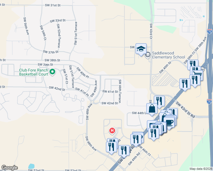 map of restaurants, bars, coffee shops, grocery stores, and more near 4079 Southwest 47th Court in Ocala