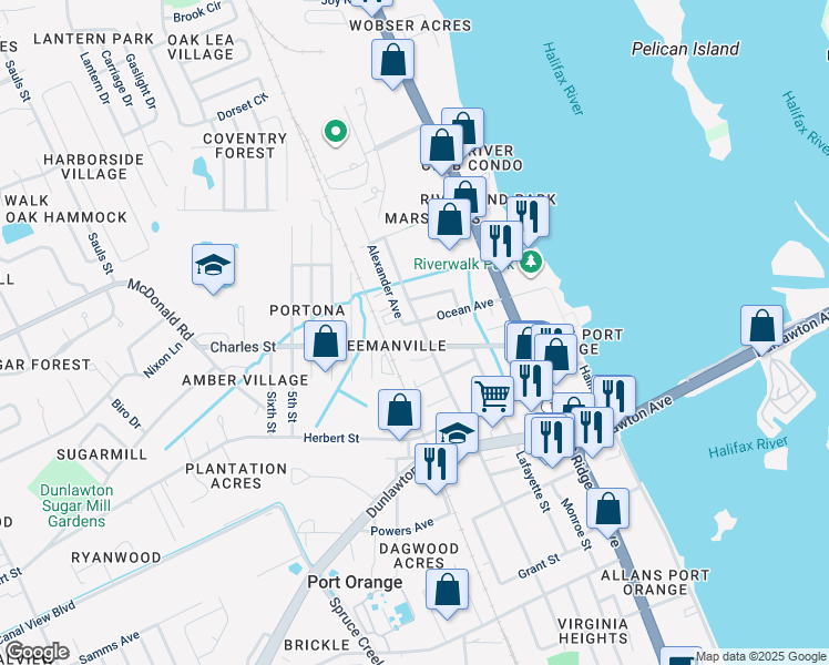 map of restaurants, bars, coffee shops, grocery stores, and more near 911 Orange Avenue in Port Orange