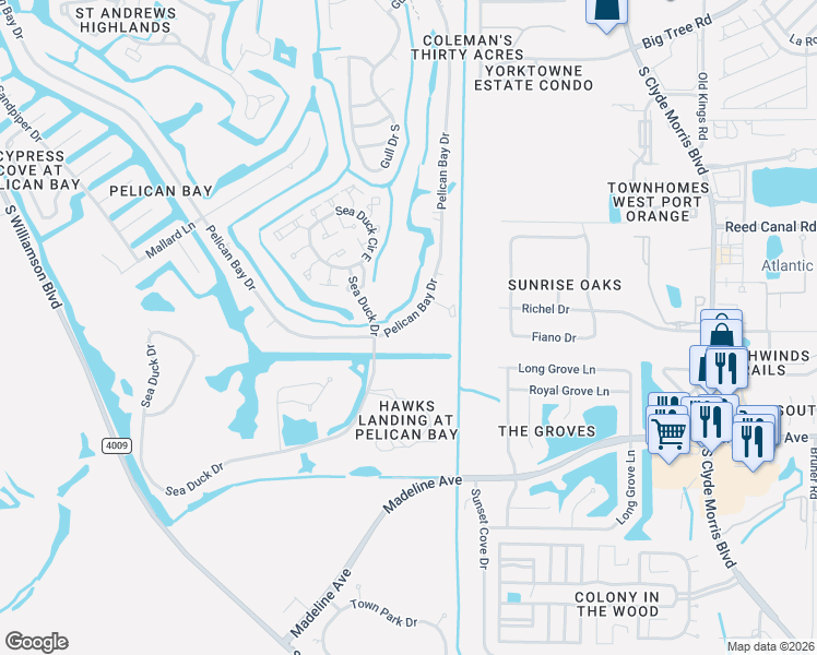 map of restaurants, bars, coffee shops, grocery stores, and more near 110 Goshawk Drive in Daytona Beach