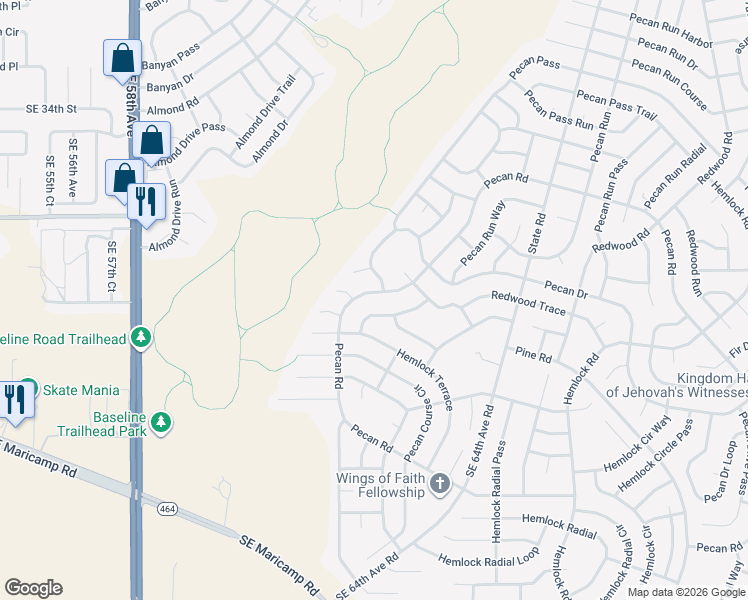 map of restaurants, bars, coffee shops, grocery stores, and more near 5841 Pecan Road in Ocala