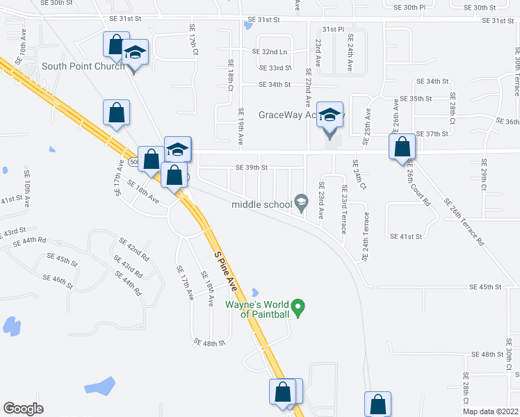 map of restaurants, bars, coffee shops, grocery stores, and more near 2010 Southeast 40th Street Road in Ocala