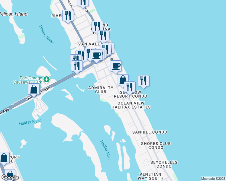 map of restaurants, bars, coffee shops, grocery stores, and more near 105 Beverly Terrace in Port Orange