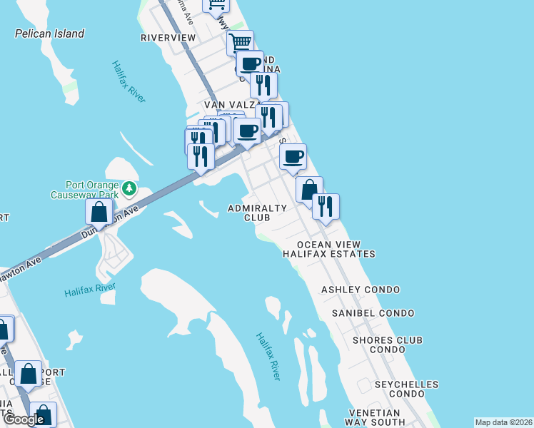 map of restaurants, bars, coffee shops, grocery stores, and more near 3624 South Peninsula Drive in Port Orange