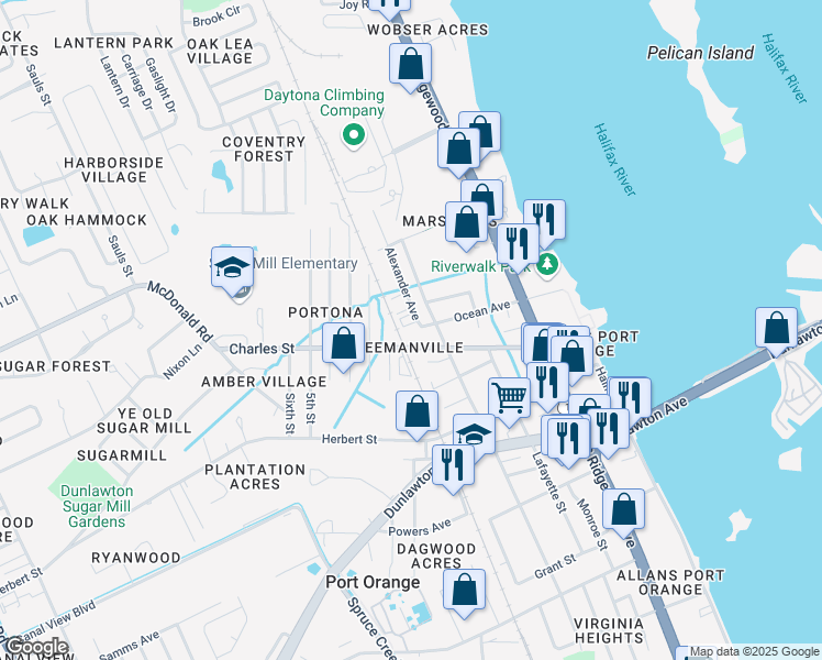 map of restaurants, bars, coffee shops, grocery stores, and more near 919 Alexander Avenue in Port Orange