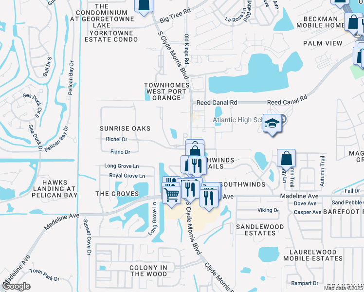 map of restaurants, bars, coffee shops, grocery stores, and more near 1264 Richel Drive in Port Orange