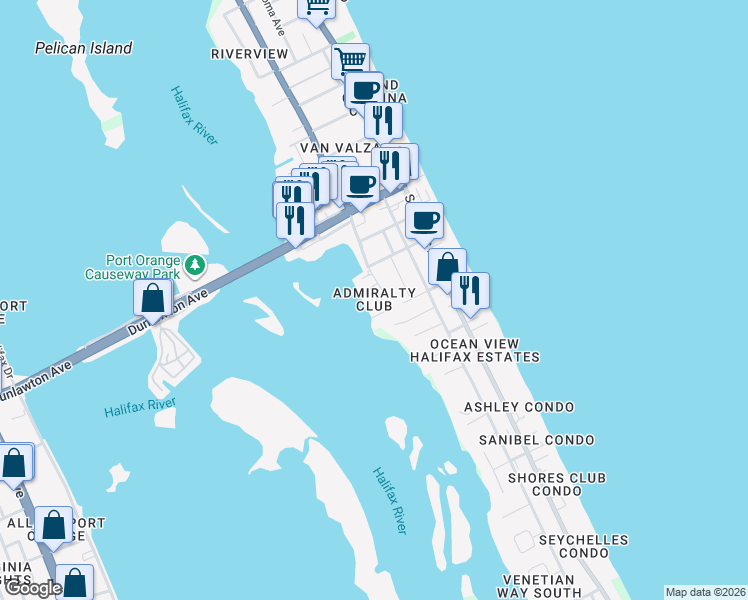 map of restaurants, bars, coffee shops, grocery stores, and more near 3606 South Peninsula Drive in Port Orange
