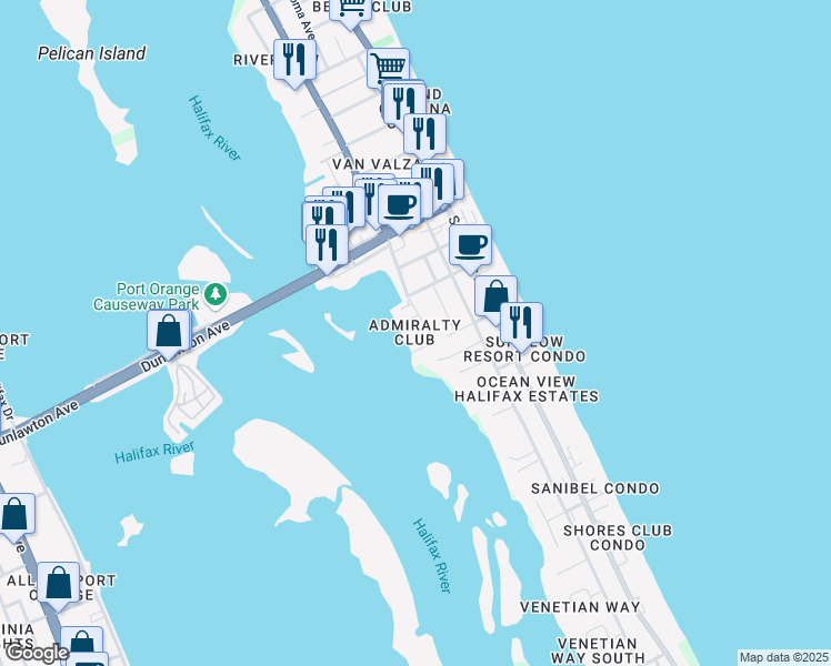 map of restaurants, bars, coffee shops, grocery stores, and more near 3606 South Peninsula Drive in Port Orange