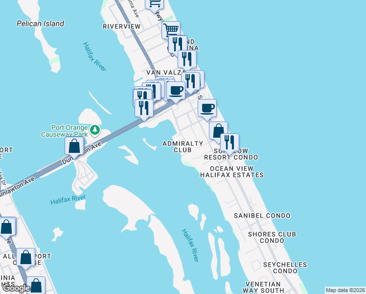 map of restaurants, bars, coffee shops, grocery stores, and more near 3606 South Peninsula Drive in Port Orange