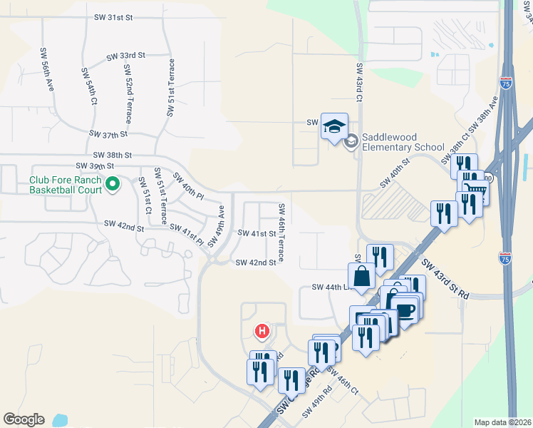 map of restaurants, bars, coffee shops, grocery stores, and more near 4687 Southwest 40th Lane in Ocala