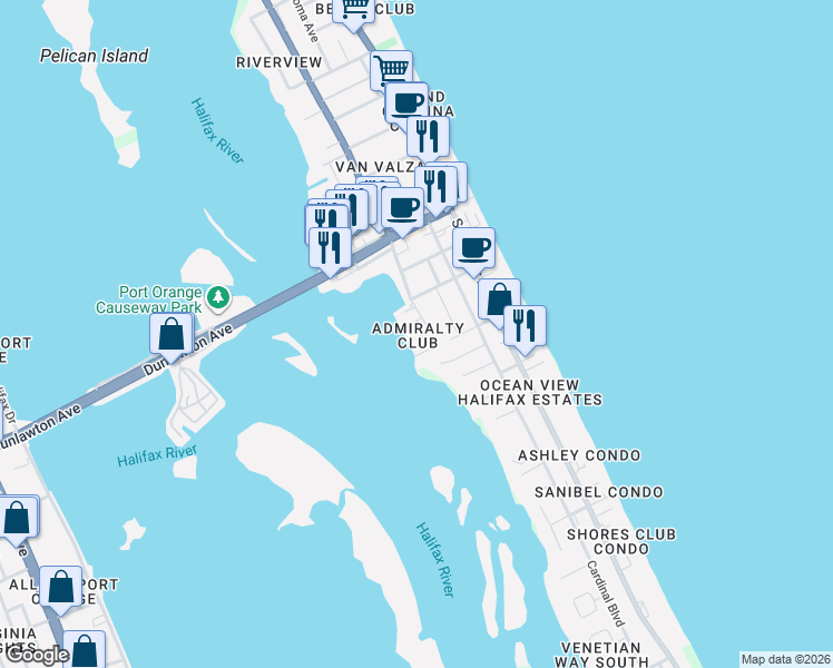 map of restaurants, bars, coffee shops, grocery stores, and more near 3606 South Peninsula Drive in Port Orange