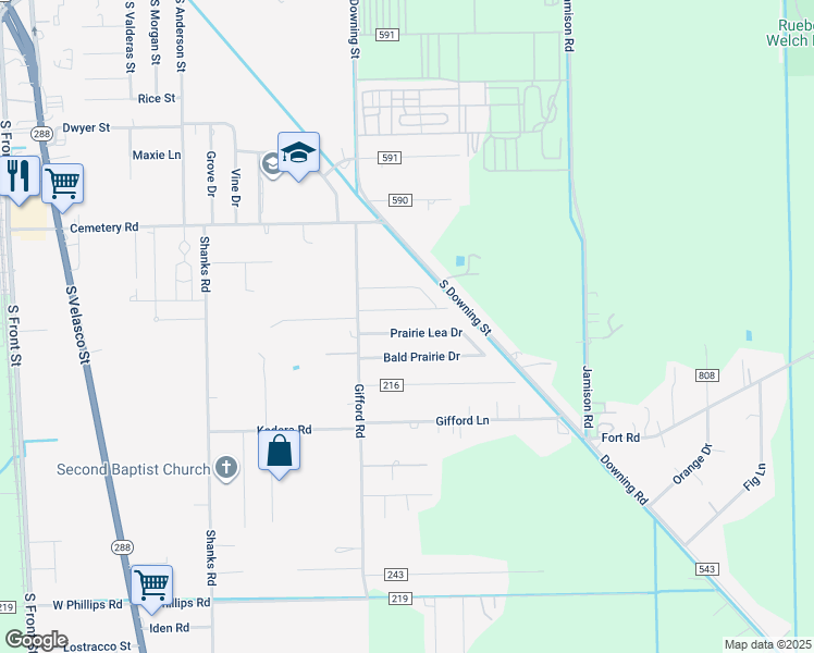 map of restaurants, bars, coffee shops, grocery stores, and more near 145 Prairie Lea Dr in Angleton
