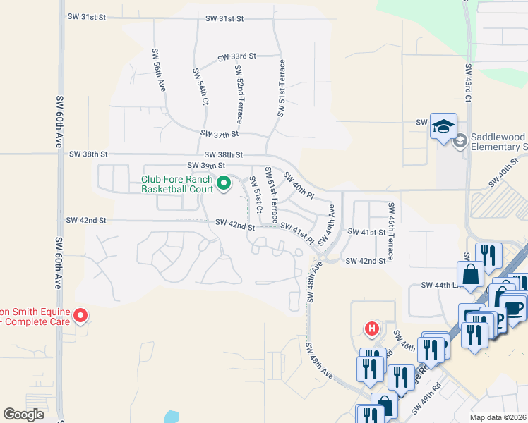 map of restaurants, bars, coffee shops, grocery stores, and more near 4095 Southwest 51st Court in Ocala