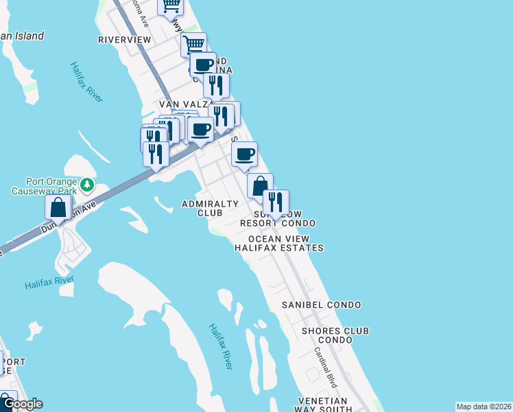 map of restaurants, bars, coffee shops, grocery stores, and more near 3639 Cardinal Boulevard in Daytona Beach