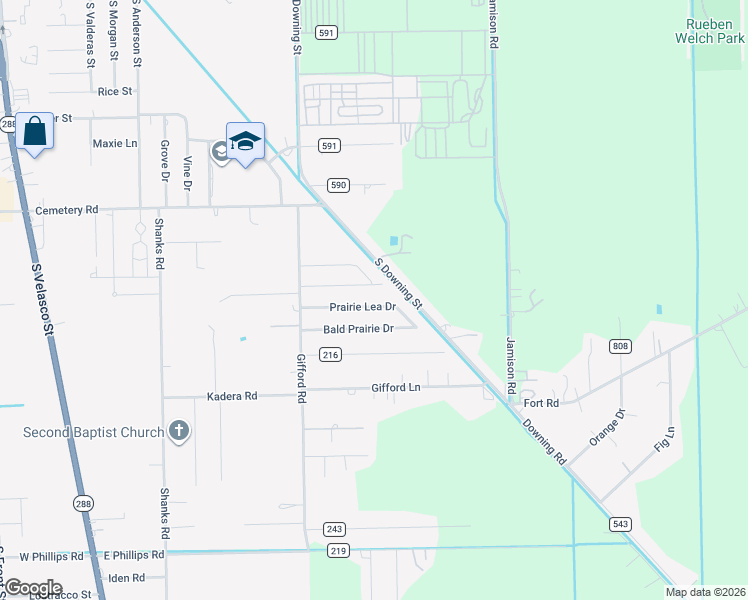 map of restaurants, bars, coffee shops, grocery stores, and more near 216 Prairie Lea Drive in Angleton