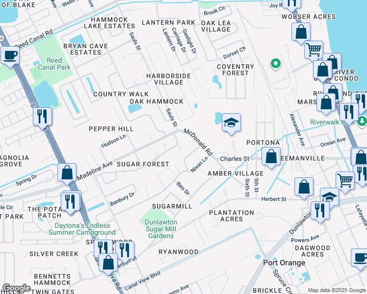 map of restaurants, bars, coffee shops, grocery stores, and more near 887 Sugar House Court in Port Orange