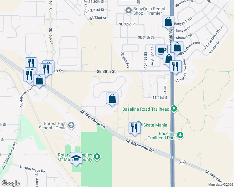 map of restaurants, bars, coffee shops, grocery stores, and more near 4125 Southeast 53rd Court in Ocala