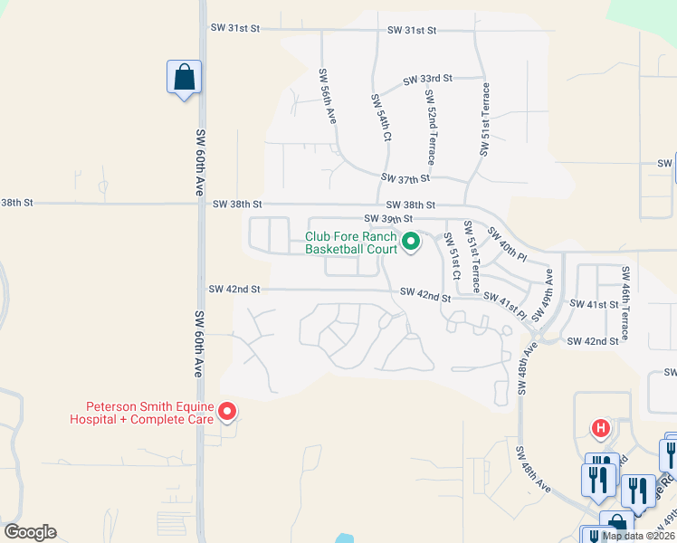map of restaurants, bars, coffee shops, grocery stores, and more near 5639-5645 Southwest 40th Place in Ocala